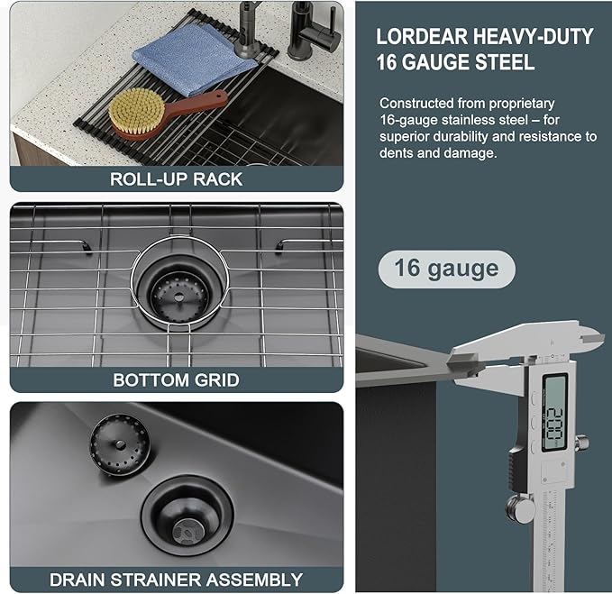 Lordear 23 Black Laundry Sink Stainless Steel - 23" x 18" x 12" Undermount Sink Single Bowl 16 Gauge Stainless Steel Deep Laundry Room Utility Sinks Handmade Under Counter Kitchen Basin,Gunmetal Black
