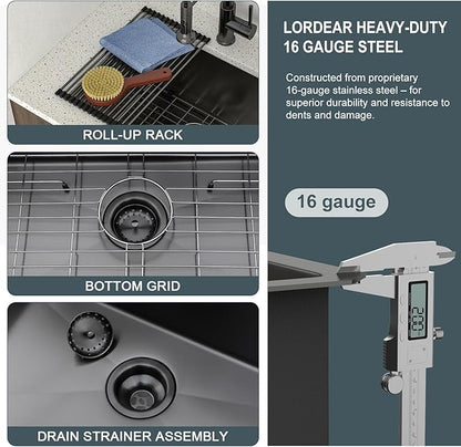 Lordear 23 Black Laundry Sink Stainless Steel - 23" x 18" x 12" Undermount Sink Single Bowl 16 Gauge Stainless Steel Deep Laundry Room Utility Sinks Handmade Under Counter Kitchen Basin,Gunmetal Black