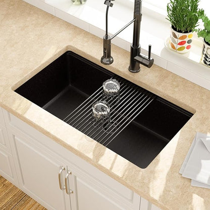 Lordear 33 Inch Black Undermount Kitchen Granite Composite Workstation 33x19 Matte Black Undermount Quartz Sinks Under Counter Single Bowl Sink with Matte Black Accessories