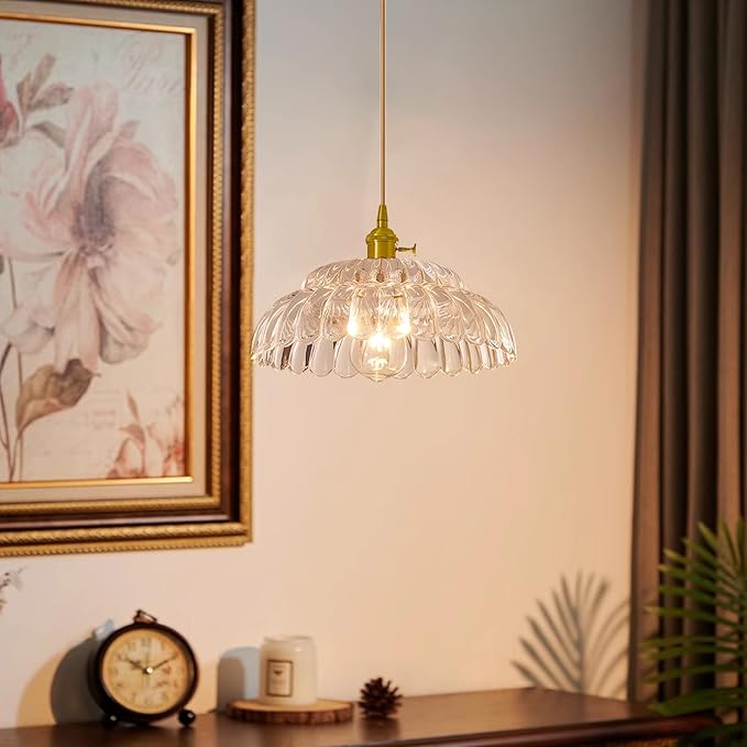 Plug in Pendant -11.8'Light Hanging Lights with in Cord Mid Century Modern Gold Hanging Lamp Flower Glass Amber Vintage Dimmable Chandelier Ceiling Fixture for Living Room,Kitchen, (CT)
