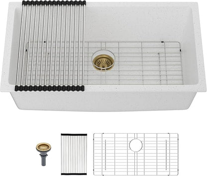 Mocoloo 33 Inch Granite Composite Kitchen Sink - 33 x 19 inch White Undermount Kitchen Sinks, Matte White Quartz Single Bowl Under Counter Sink