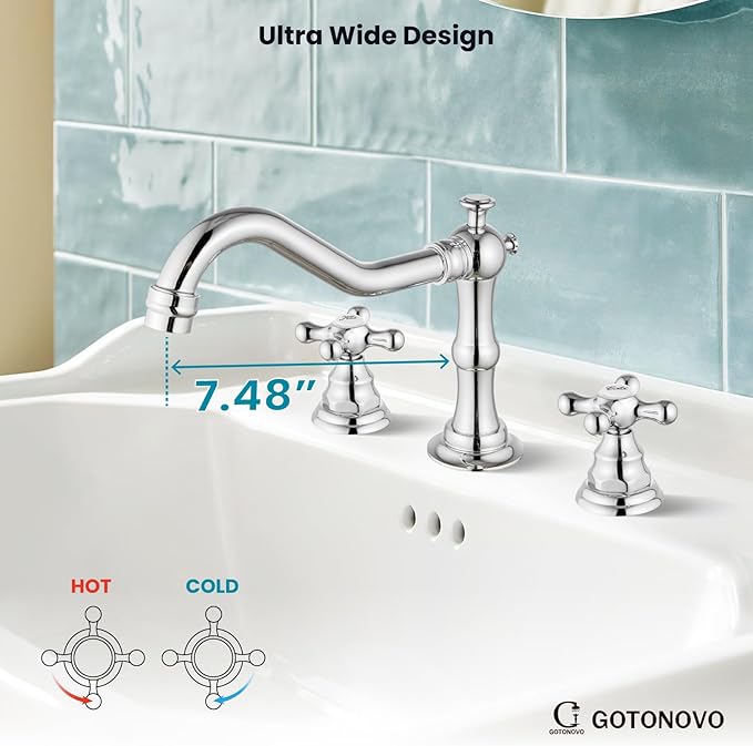 gotonovo Bathroom Faucet 3 Hole 8 Inch Widespread Bathroom Sink Faucet 2 Cross Handles Vintage Lavatory Vanity Mixer Tap with Pop Up Drain, Round Font Label, Polish Chrome