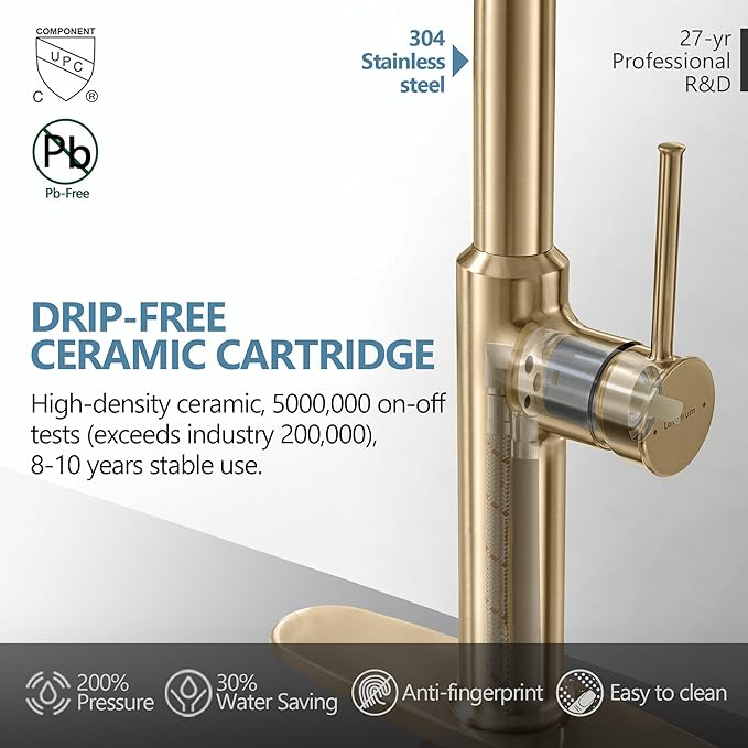 Kitchen Sink Faucets Brushed Gold, High-Arc Single Handle Kitchen Faucet with Pull Down Sprayer, Solid Brass Tall Kitchen Faucets 19 Inch