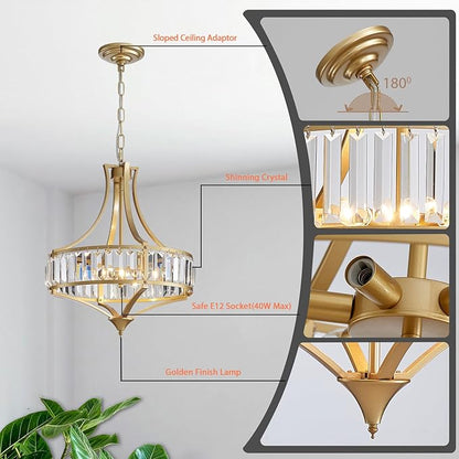 Modern Gold Crystal Chandeliers for Dining Room Pendant 4-Light Rustic Farmhouse Chandelier with Round Metal Lampshade for Living Room Kitchen Island Hallway Bedroom Foyer