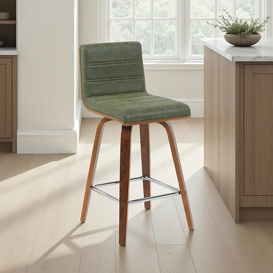 Armen Living Vienna Modern Swivel 26" Counter Height Barstool with Vintage Green Faux Leather and Walnut Wood Finish