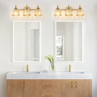 Vintage Bathroom Light Fixtures, Brass Vanity Lights with Amber Tulip Glass Shade, Vanity Sconces for Bathroom Bedroom Living Room Hallway, 3-Light