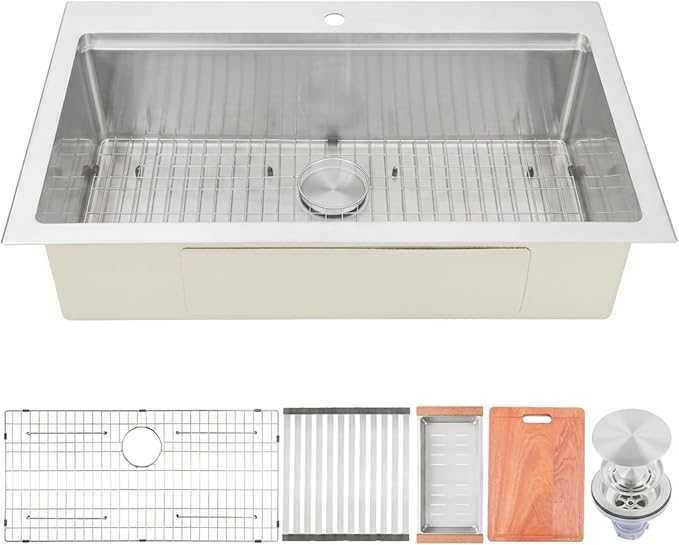 Drop In Kitchen Sink 36" X 22",Top Mount 16 Gauge Stainless Steel Workstation Sink,Deep & Large Single Bowl Kitchen Sinks