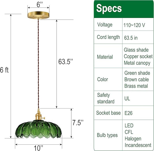Pendant Light Fixture, Hanging Light Fixture, Glass Shade Pendant Light with Rotary Switch, Modern Lamp for Kitchen Island, Bedroom, Dining Room, Living Room (Green Lotus, Hard-Wired)
