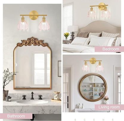 Gold Bathroom Light Fixtures Over Mirror, 2 Light Bathroom Vanity Light Fixture with Tulip Pink Glass Lampshade, Vintage Vanity Lights for Bathroom, Bathroom Vanity Lights Over Mirror