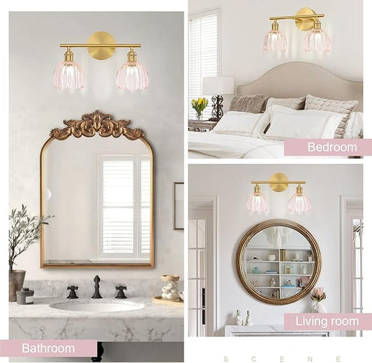 Gold Bathroom Light Fixtures Over Mirror, 2 Light Bathroom Vanity Light Fixture with Tulip Pink Glass Lampshade, Vintage Vanity Lights for Bathroom, Bathroom Vanity Lights Over Mirror
