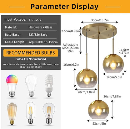 Mikeru Modern Gold Glass Chandelier, 3 Light Cluster Pendant Light Fixtures Kitchen Island Lighting Kitchen Island Pendant Lighting Hanging Lights Multi Light Large Pendant Lighting（Without Bulb）