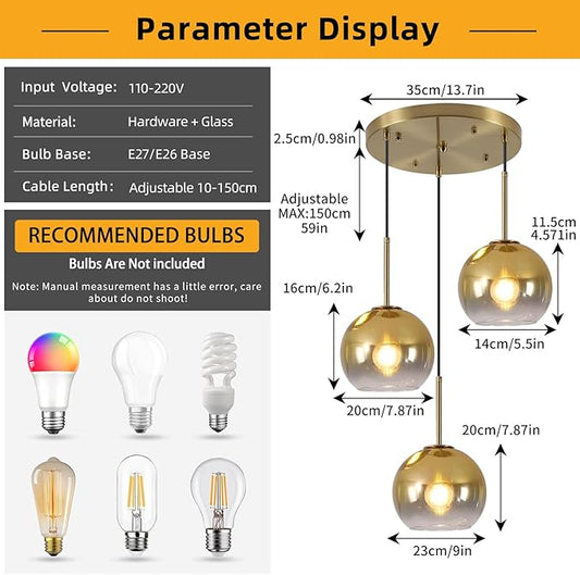 Mikeru Modern Gold Glass Chandelier, 3 Light Cluster Pendant Light Fixtures Kitchen Island Lighting Kitchen Island Pendant Lighting Hanging Lights Multi Light Large Pendant Lighting（Without Bulb）