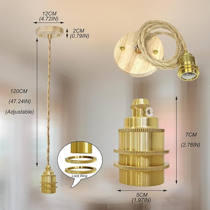 Wood Pendant Light Kit, Mini Pendant Lamp Fixture, Hemp Rope Hanging Lamps Cord Adjustable, E26 Lamp Socket Vintage Ceiling Light Hanging Lighting for Farmhouse Bedroom Chandelier, Bulb Not Included