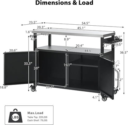 Merax 54.5" Outdoor Kitchen Island with Stainless Steel Tabletop, Metal Grill Cart Table with Storage Cabinet, Spice Rack and Towel Rack, Outdoor Bar Cart with 4 Lockable Wheels for BBQ, Black