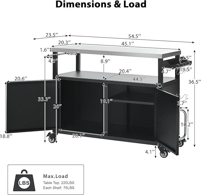 Casaphoria 54.5" Outdoor Kitchen Island, Stainless Steel Countertop BBQ Grill Cart Bar Cart with Storage Cabinet, Spice Rack, Towel Holder, 4 Lockable Wheels Bar Carts for Patio Lawn Garden BBQ