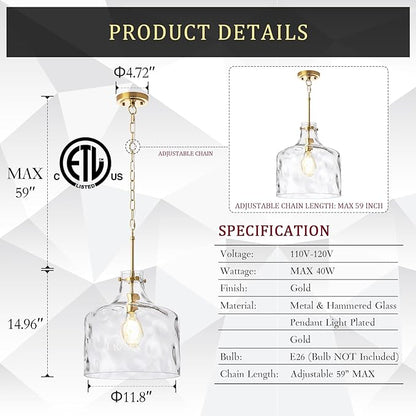CATINER 16" Extra Large Farmhouse Pendant Light – Hand-Blown Hammered Glass Shade, Gold Finish, Adjustable Chain Ceiling Light for Kitchen Island, Dining Room, Hallway