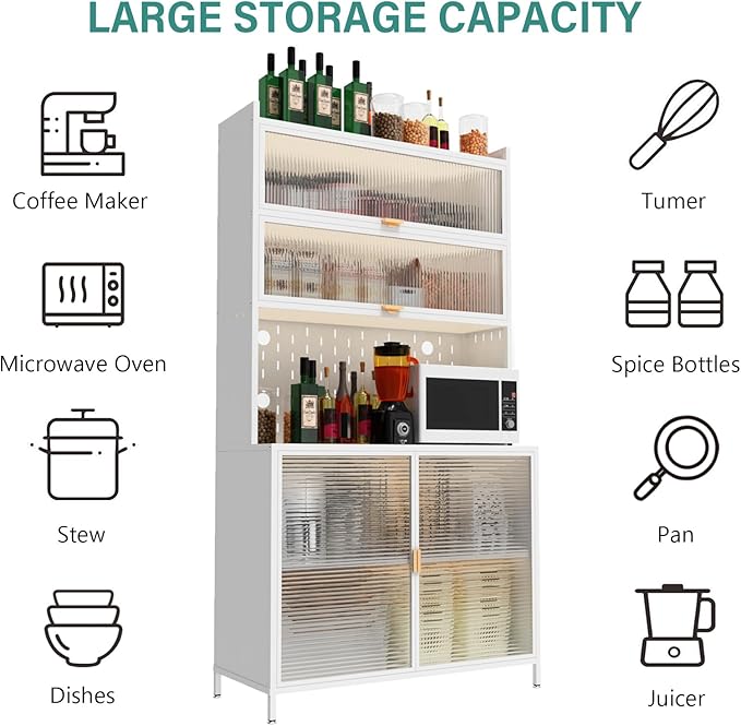 73‘’ Tall Kitchen Metal Pantry Cabinet, Pantry Storage Cabinet with Microwave Shelf and Door, Hutch for Kitchen, Dining Room, Living Room