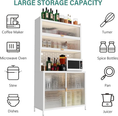 73‘’ Tall Kitchen Metal Pantry Cabinet, Pantry Storage Cabinet with Microwave Shelf and Door, Hutch for Kitchen, Dining Room, Living Room
