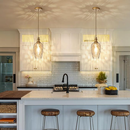 Pendant Lights Kitchen Island, Brushed Gold Modern Pendant Light Fixtures, Adjustable Cable Hanging Lighting with Hand-Blown Glass Shade & E26 Base for Bedroom, Hallway, Dining Room, 2 Pack