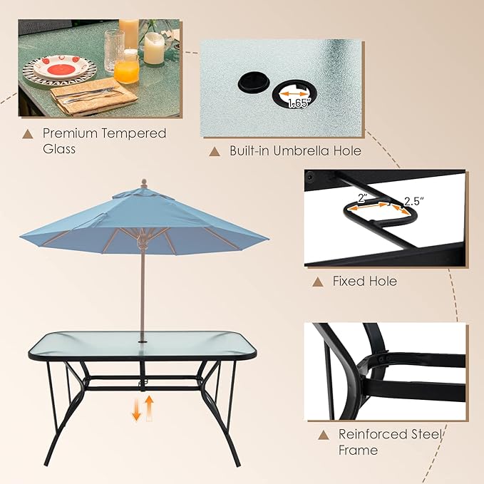 Giantex Patio Dining Table for for 4-6 Person, Outdoor Table with 1.5” Umbrella Hole, Rectangular Tempered Glass Tabletop, Sturdy Steel Frame, 55” x 35” x 28”