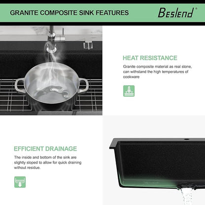33 Granite Composite Kitchen Sink - Beslend 33x22 Drop In Black Kitchen Sink, Topmount Granite Luxury Above Counter Worksation Black Sinks Easy Clean Quartz Dish Basin for Kitchen Remodel