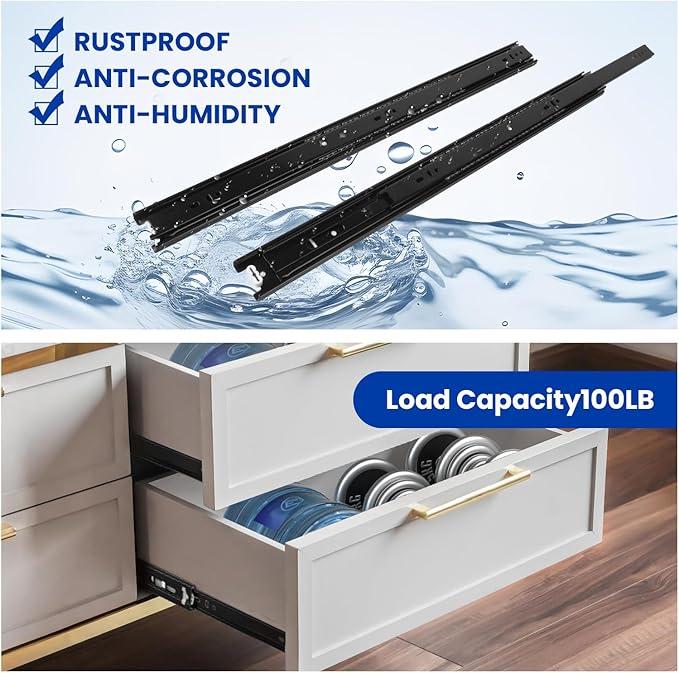 LONTAN Full Extension Ball Bearing Drawer Slides 8 10 12 14 16 18 20 22 24 Inch Heavy Duty Side Mount File Cabinet Rails Dresser Runner Kitchen Cabinet Drawer Glides,16 Inch,2 Pairs,Black