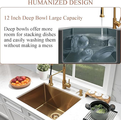 Undermount Gold Laundry Sink-Bokaiya 24"x18"x12" Gold Stainless Steel Laundry Room Sink Outdoor Utility 16 Gauge Single Bowl Kitchen Sink with Faucet Combo