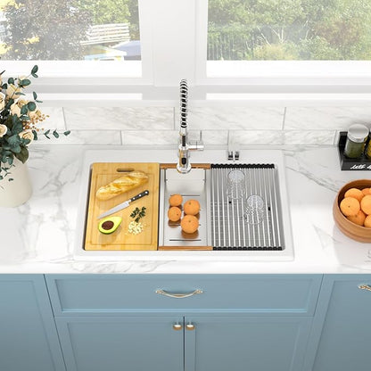 Sarlai 33 Inch Composite Granite Kitchen Sink Drop In - 33x22 Inch White Kitchen Sink Workstation Granite Topmount Sinks White Quartz Classic Above Counter Single Bowl Basin