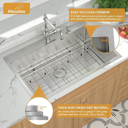 Mocoloo 30 x 22 Kitchen Sink Drop in - 30 Inch Stainless Steel Kitchen Sinks Topmount 16 Gauge Single Bowl Above Counter Handmade Sink, 10'' Deep Basin