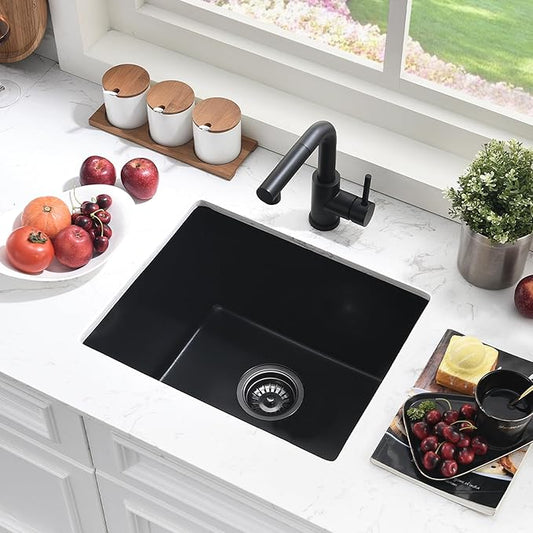 24 Inch Undermount Black Kitchen Sink-Bokaiya 24x19 Inch Undermount Wet Bar Sink Quartz Matte Black Small Outdoor Rv Kitchen Sink Granite Composite Single Bowl Kitchen Sink