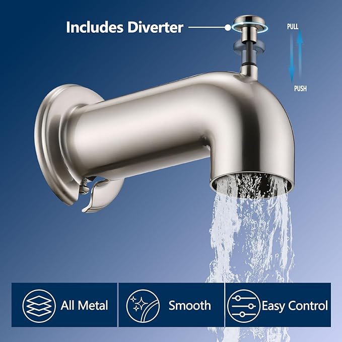 Slip-On Tub Spout with Diverter Long for Bathtub Spout, Fit for 1/2 Inch Slip Pipe, Brushed Nickel