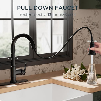 FORIOUS Vintage Kitchen Faucets with Pull Down Sprayer, Matte Black High Arc Single Handle Stainless Steel Rustic Pull Out Sink Faucet for Farmhouse Camper Rv Bar, Fit for 1 or 3 Hole