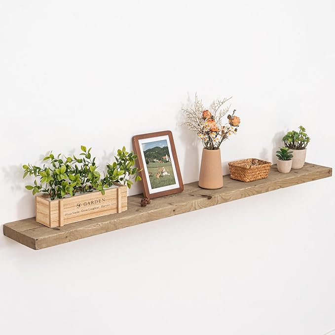 FLYJOE Solid Wood Floating Shelves, 8" Deep Rustic Reclaimed Barnwood Wall Hanging Floating Shelf with Invisible Heavy-Duty Metal Bracket | Wall Mounted | Farmhouse Style | 55 inches,1PC,Natural