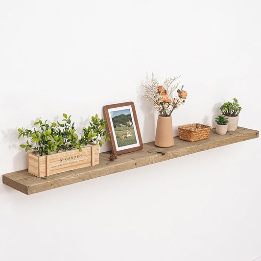 FLYJOE Solid Wood Floating Shelves, 8" Deep Rustic Reclaimed Barnwood Wall Hanging Floating Shelf with Invisible Heavy-Duty Metal Bracket | Wall Mounted | Farmhouse Style | 55 inches,1PC,Natural