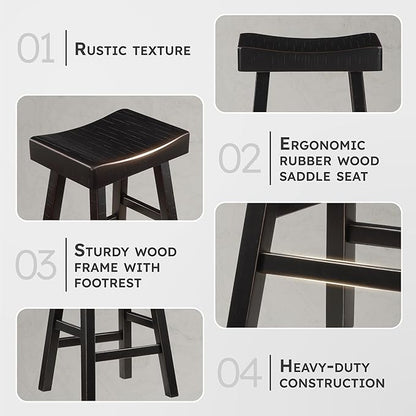 Lexicon Bar Height Bar Stools Set of 2 - Solid Wood Pub Chairs with Footrest, Armless Kitchen Chairs for Island, Living Room, Breakfast Nook, Easy to Clean, Sturdy, Transitional 30.5" High - Black