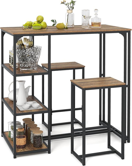 Giantex 3-Piece Dining Table Set for 2, Bar-Height Kitchen Table with 2 Stools, 3 Storage Shelves, Pub Table & Chairs Set for Small Place Apartment Living Room High Top Breakfast Nook Restaurant