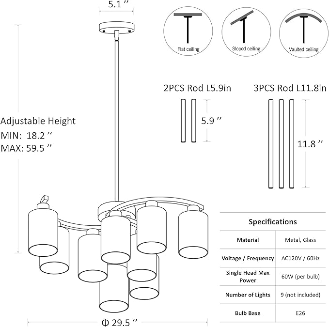CNRATYE 9-Light Gold Glass Chandelier, Adjustable Height Dining Room Light Fixtures Over Table, Contemporary Hanging Chandelier for Kitchen Island Living Room Foyer Office, Clear Glass Shade