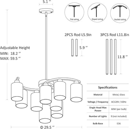 CNRATYE 9-Light Brushed Nickel Glass Chandelier, Adjustable Height Hanging Industrial Dining Room Chandelier Over Table, Modern Farmhouse Chandelier for Kitchen Island Living Room Entryway Bedroom