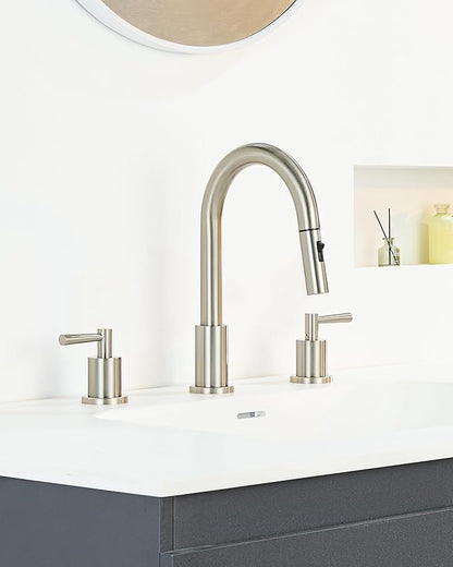 Bathroom Faucet 3 Hole - 8 Inch Widespread Bathroom Faucet with Sprayer, Brushed Nickel Sink Faucet Bathroom 2 Handles - Pull Down Vanity Faucets with Pop Up Drain and Supply Lines