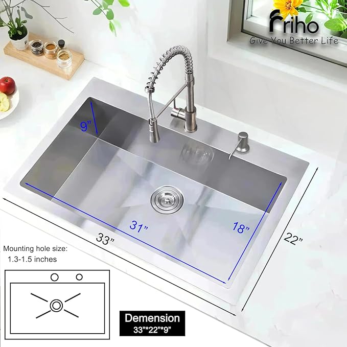 Friho 33x22 Drop in Kitchen Sink, Top Mount Commercial Handmade 18 Gauge Single Bowl Stainless Steel Sink with Dish Grid and Basket Strainer