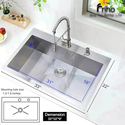 Friho 33x22 Drop in Kitchen Sink, Top Mount Commercial Handmade 18 Gauge Single Bowl Stainless Steel Sink with Dish Grid and Basket Strainer