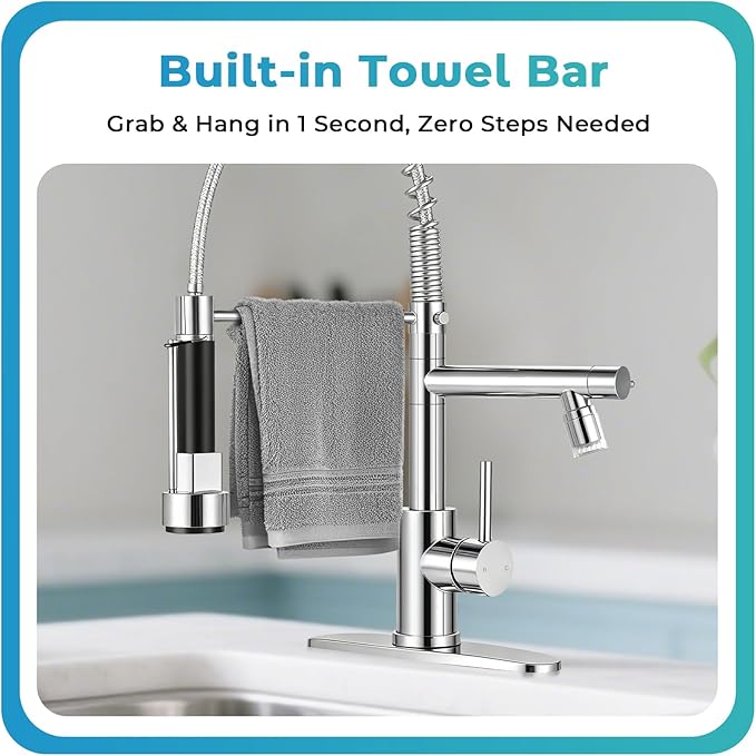 LED Kitchen Faucet with Pull Down Sprayer - Chrome Single Handle Commercial Kitchen Faucets, 2-Spout Kitchen Sink Faucet, Stainless Steel Spring Pull Out Sink Faucet 1/3 Hole