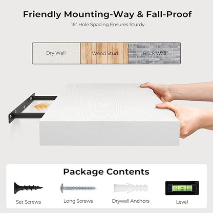 Fun Memories 55 Inch Floating Shelves for Wall, Fireplace Mantel Shelf with Invisible Heavy Duty Bracket, 8 Inch Deep Storage Shelf for Living Room, Kitchen, Farmhouse, White (2-Pack)