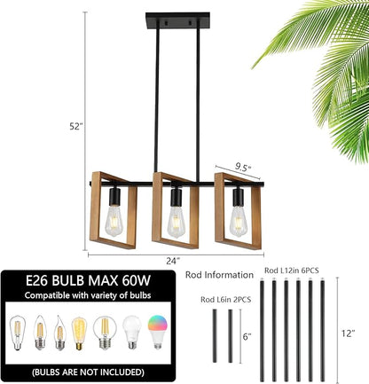 9MMML 3 Lights Kitchen Island Lighting, Black 3 Lights Dining Room Chandelier,Wood Frame Pendant Light for Living Room Foyer Entryway Hallway,E26