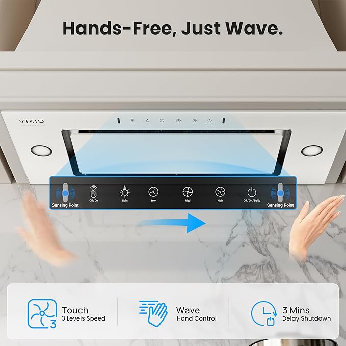 VIKIO HOME Range Hood Insert 36 inch, 900 CFM Ducted/Ductless Convertible, Stainless Steel & Tempered Glass White 36 inch Built-in Range Hood, With 3-Speed Fan and Gesture Sensing &Touch Control