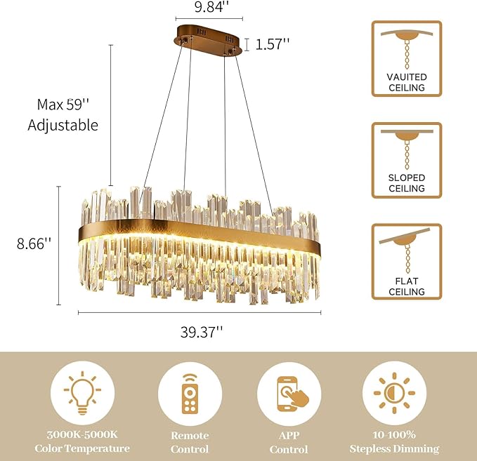 39.3" Dimmable Rectangle LED Crystal Chandeliers,Gold Chandelier Light, 3 Colors Contemporary Pendant Ceiling Light for Dining Room Living Room Kitchen Island Entryway Foyer ,With Remote Control