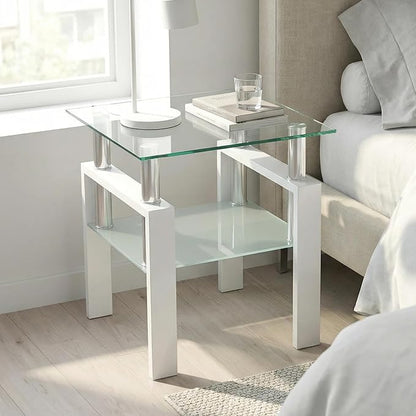 IANIYA Modern Glass Side Table, 2-Tier End Table with Tempered Glass Top & Metal Legs, Night Stand Corner Small Table for Living Room, Bedroom, Small Space White