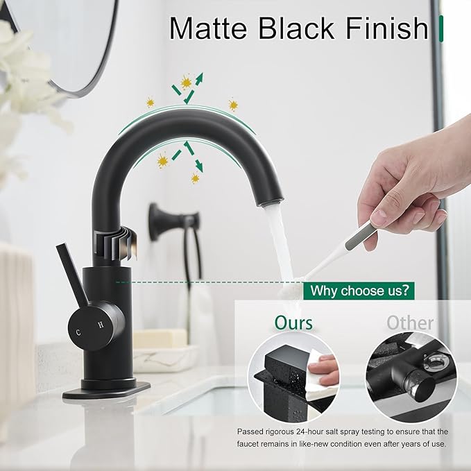 VOTON Bar Sink Faucet, Bathroom Kitchen 360° Rotatable Faucet, Matte Black Single Hole Bathroom Faucets Modern Small Mini Kitchen Bath Utility Vanity Outdoor Lavatory Faucets