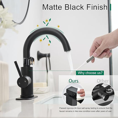 VOTON Bar Sink Faucet, Bathroom Kitchen 360° Rotatable Faucet, Matte Black Single Hole Bathroom Faucets Modern Small Mini Kitchen Bath Utility Vanity Outdoor Lavatory Faucets