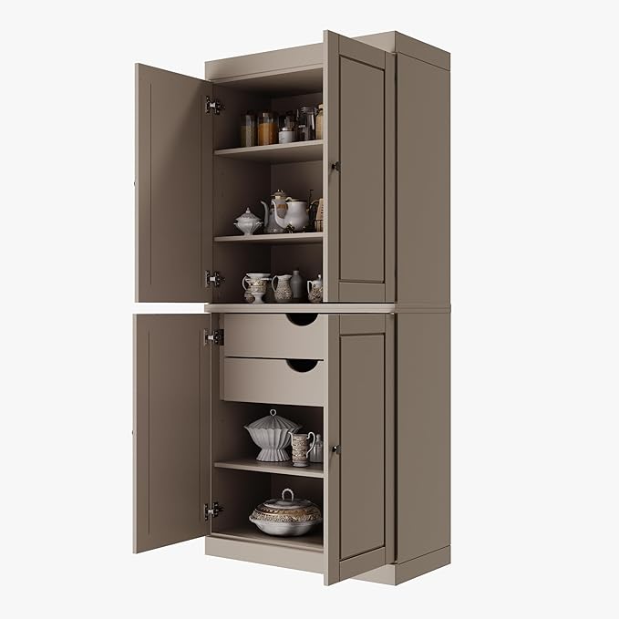 Palace Imports Solid Wood Kitchen Pantry Cabinet - 71.5" H x 32" W, Tall Storage Cupboard - Beige, Adjustable Shelves & 2-Drawer Kit for Living Space, 100% Renewable Eco-Friendly Wood, Made in Brazil